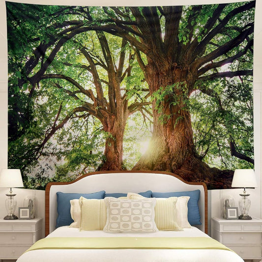 Magical Forest Sunlight Tapestry Giant Tree Wall Hanging with Golden Sun Rays Nature Landscape Decor