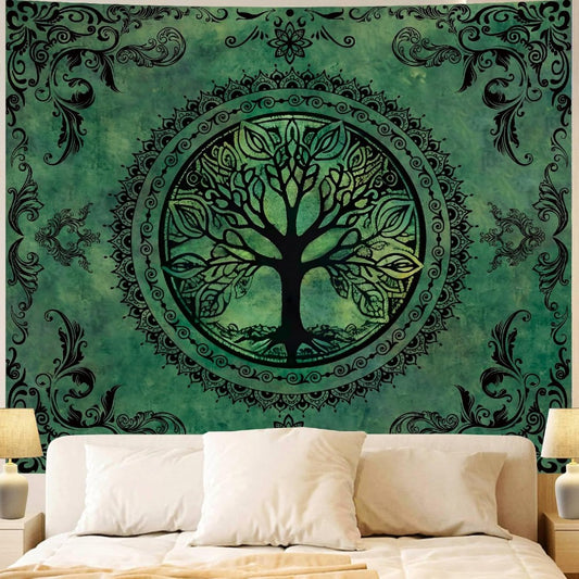 Green Tree of Life Mandala Tapestry for Wall Decor Nature Art Hanging Bohemian Design Dark Green Aesthetic