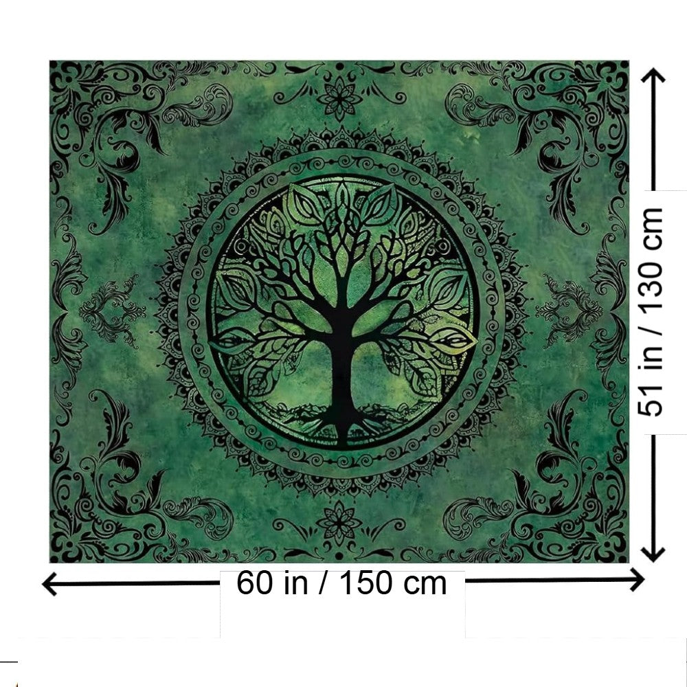 Green Tree of Life Mandala Tapestry for Wall Decor Nature Art Hanging Bohemian Design Dark Green Aesthetic