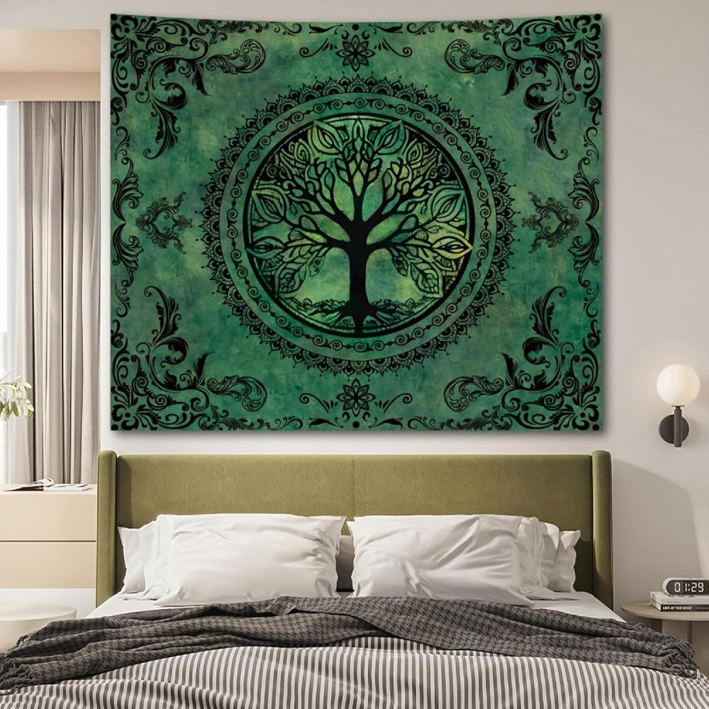 Green Tree of Life Mandala Tapestry for Wall Decor Nature Art Hanging Bohemian Design Dark Green Aesthetic