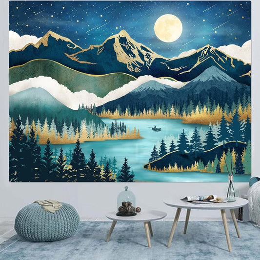 Moonlit Mountain Lake Tapestry Forest & Nature Wall Hanging for Bedroom Living Room Decor