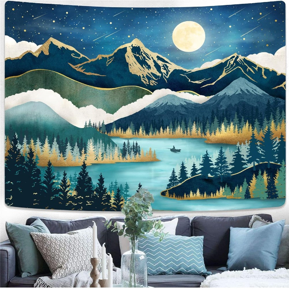 Moonlit Mountain Lake Tapestry Forest & Nature Wall Hanging for Bedroom Living Room Decor