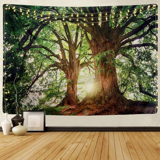 Magical Forest Sunlight Tapestry Giant Tree Wall Hanging with Golden Sun Rays Nature Landscape Decor