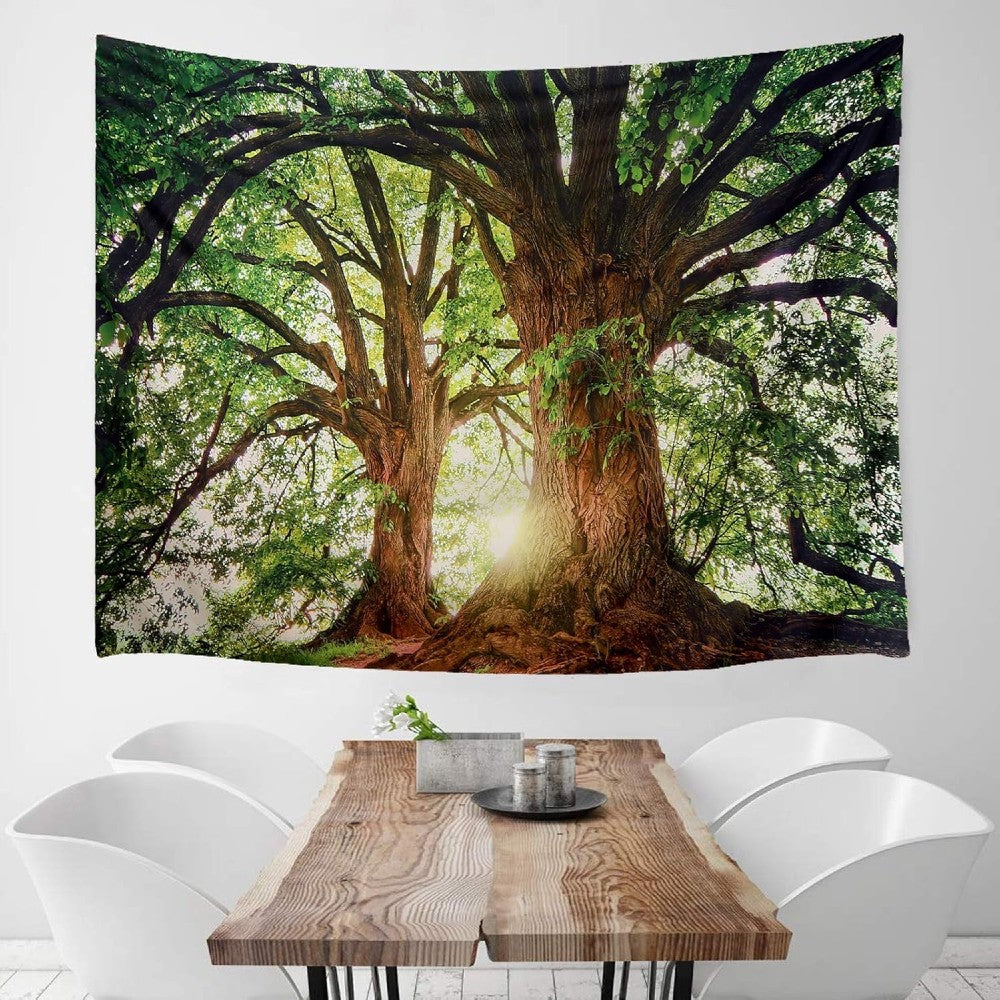 Magical Forest Sunlight Tapestry Giant Tree Wall Hanging with Golden Sun Rays Nature Landscape Decor