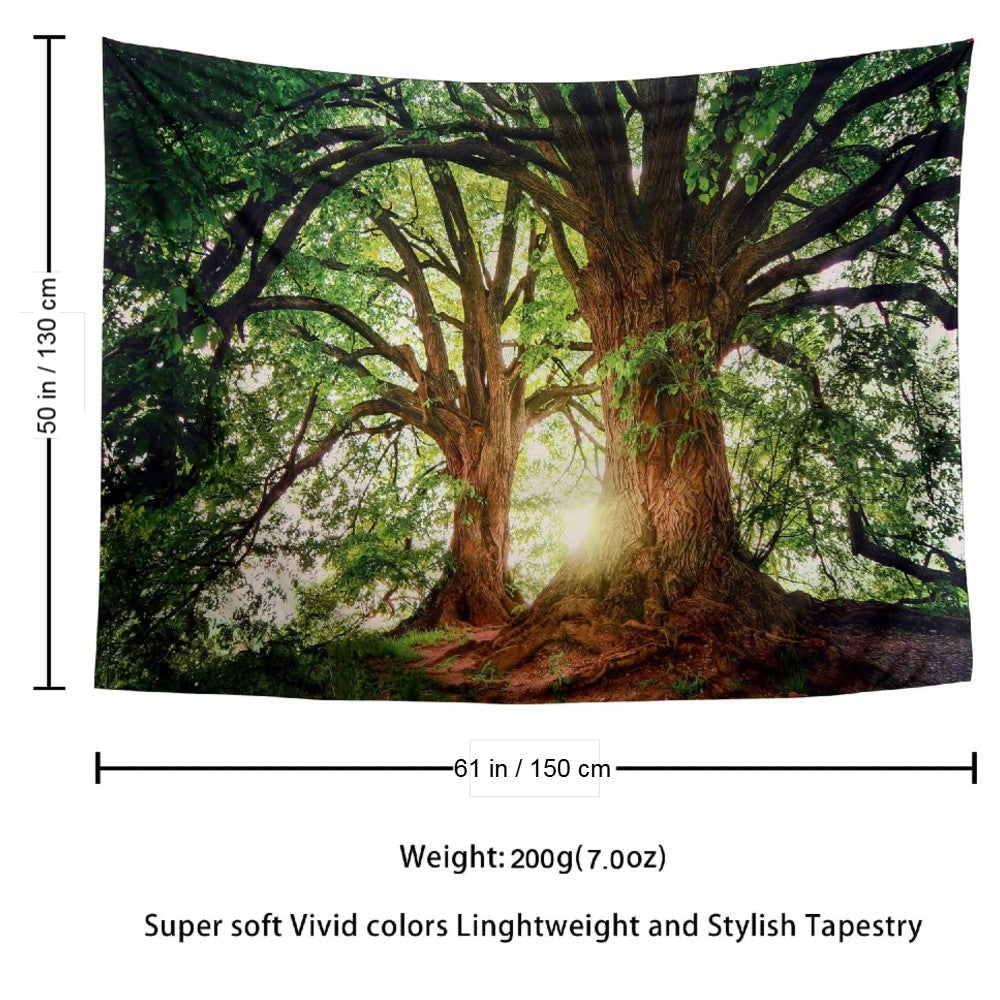 Magical Forest Sunlight Tapestry Giant Tree Wall Hanging with Golden Sun Rays Nature Landscape Decor