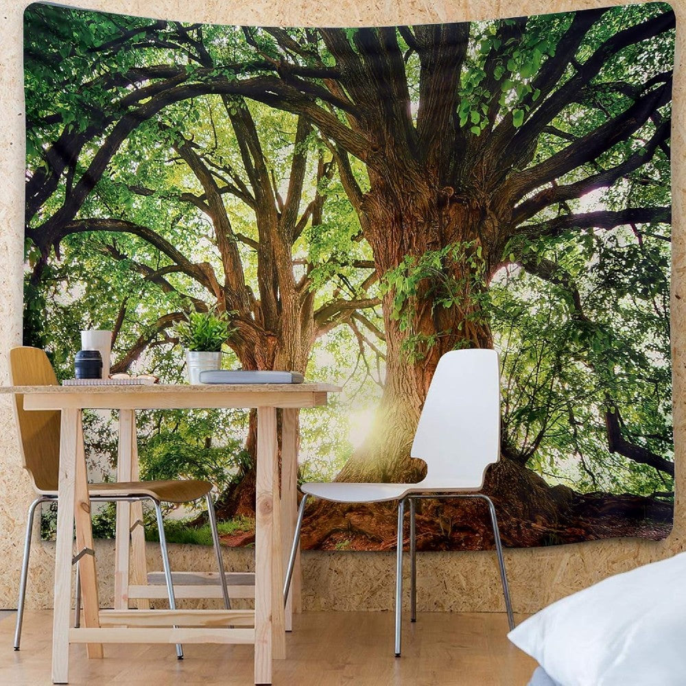Magical Forest Sunlight Tapestry Giant Tree Wall Hanging with Golden Sun Rays Nature Landscape Decor