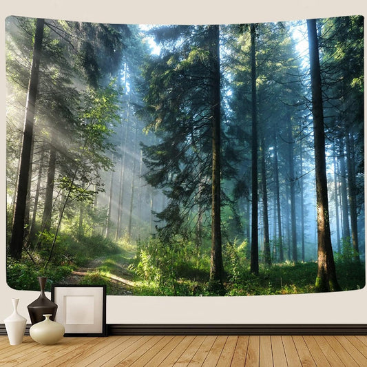 Mystical Forest Tapestry Sunlit Pine Trees Wall Hanging Nature Landscape Decor for Bedroom Living Room & Dorm