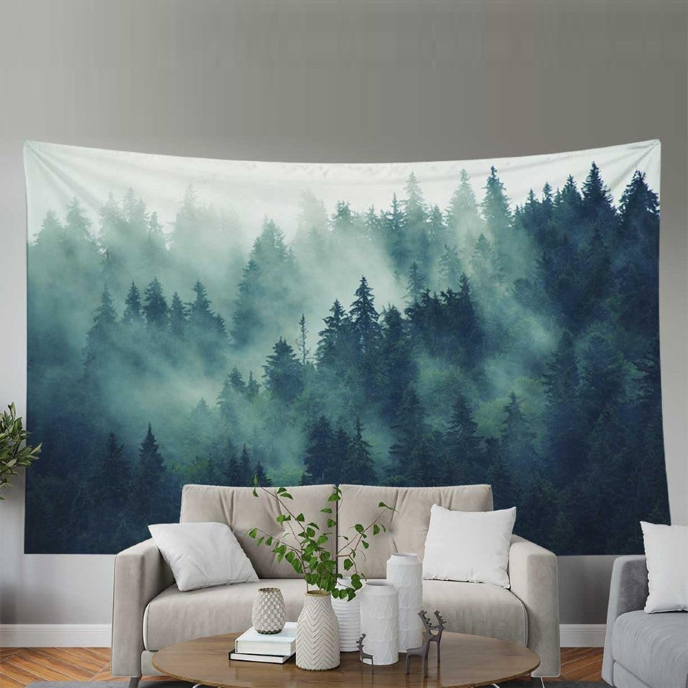 Misty Forest Mountain Tapestry Nature Landscape Wall Hanging for Bedroom Living Room & Dorm Decor Serene Woodland Scene