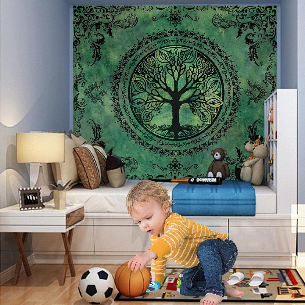 Green Tree of Life Mandala Tapestry for Wall Decor Nature Art Hanging Bohemian Design Dark Green Aesthetic