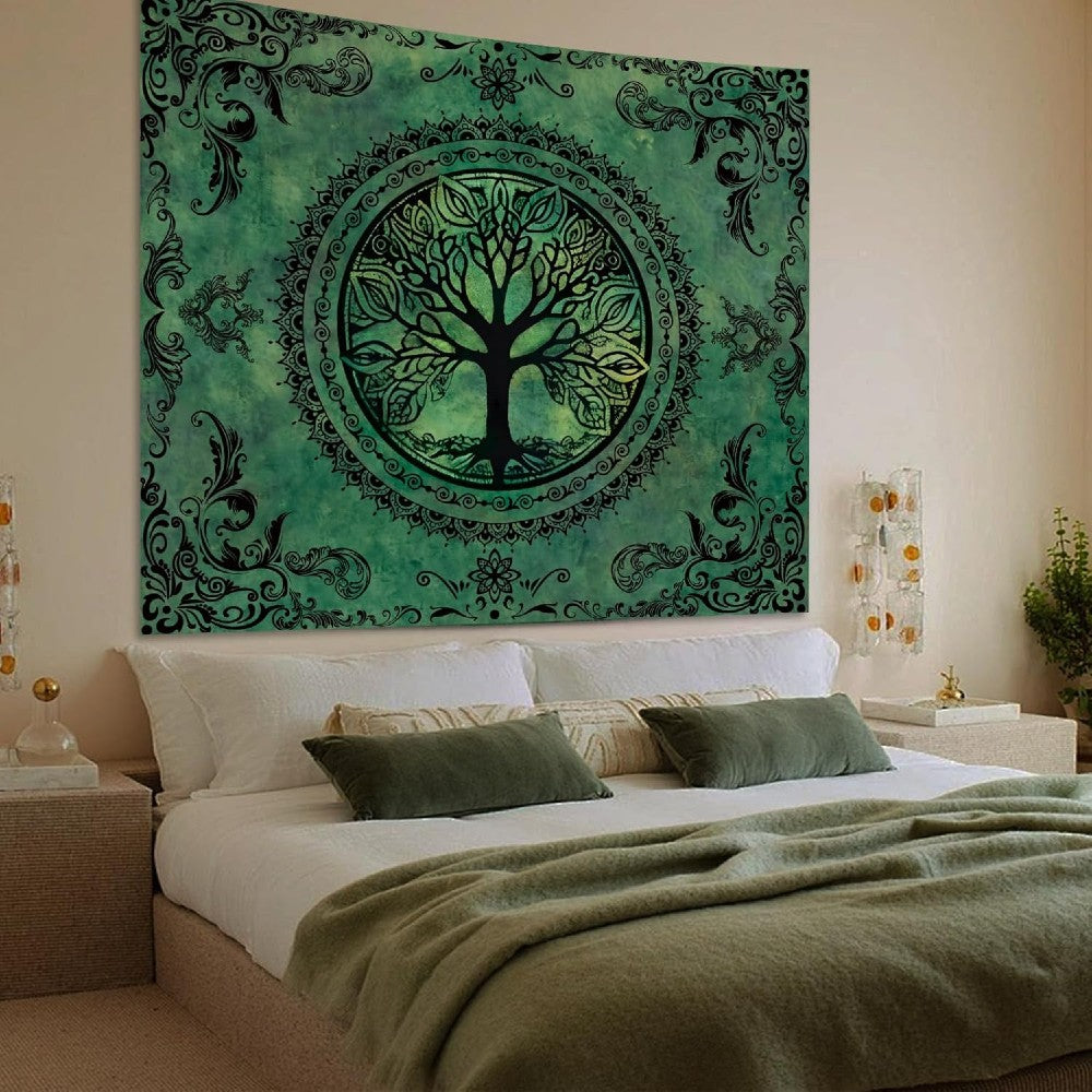 Green Tree of Life Mandala Tapestry for Wall Decor Nature Art Hanging Bohemian Design Dark Green Aesthetic