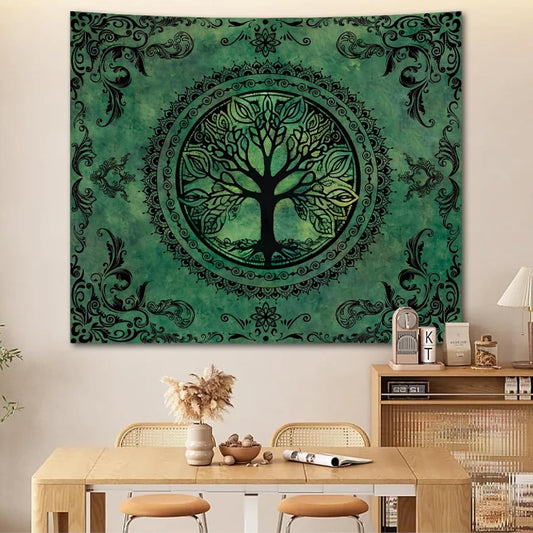 Green Tree of Life Mandala Tapestry for Wall Decor Nature Art Hanging Bohemian Design Dark Green Aesthetic