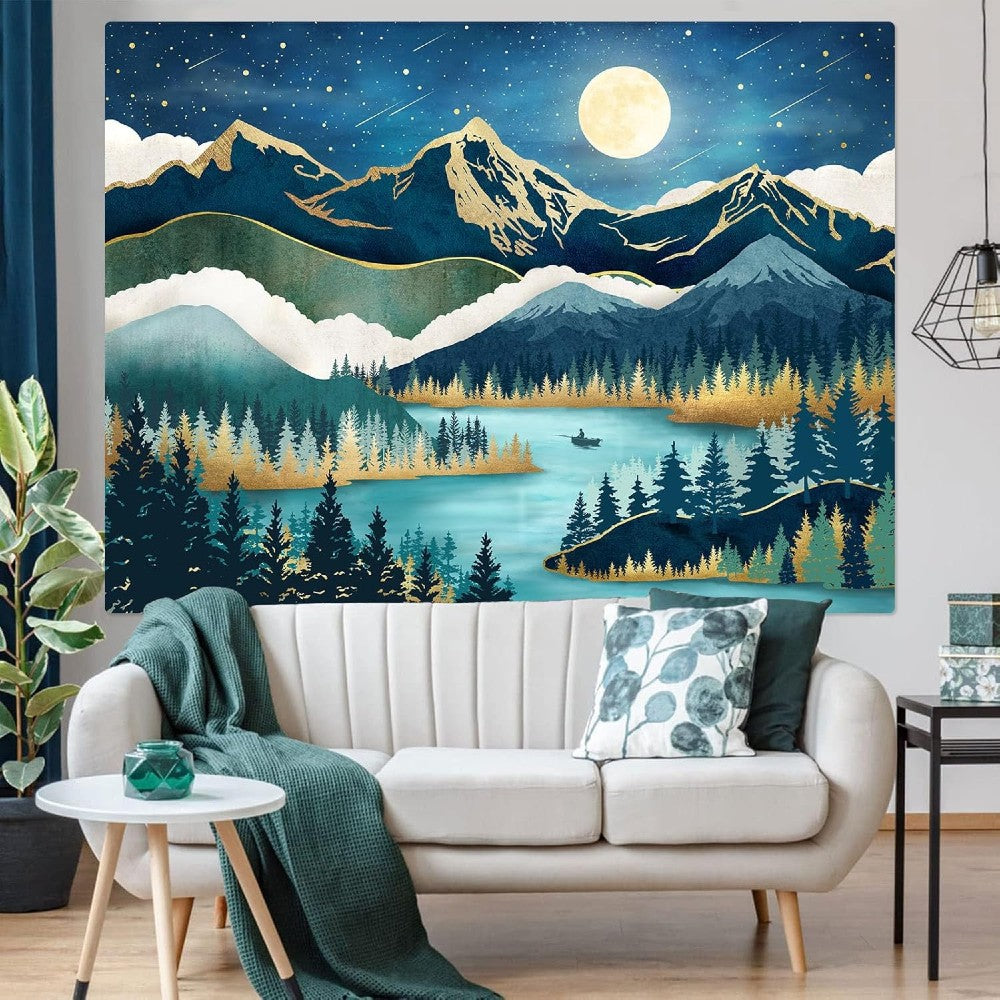 Moonlit Mountain Lake Tapestry Forest & Nature Wall Hanging for Bedroom Living Room Decor