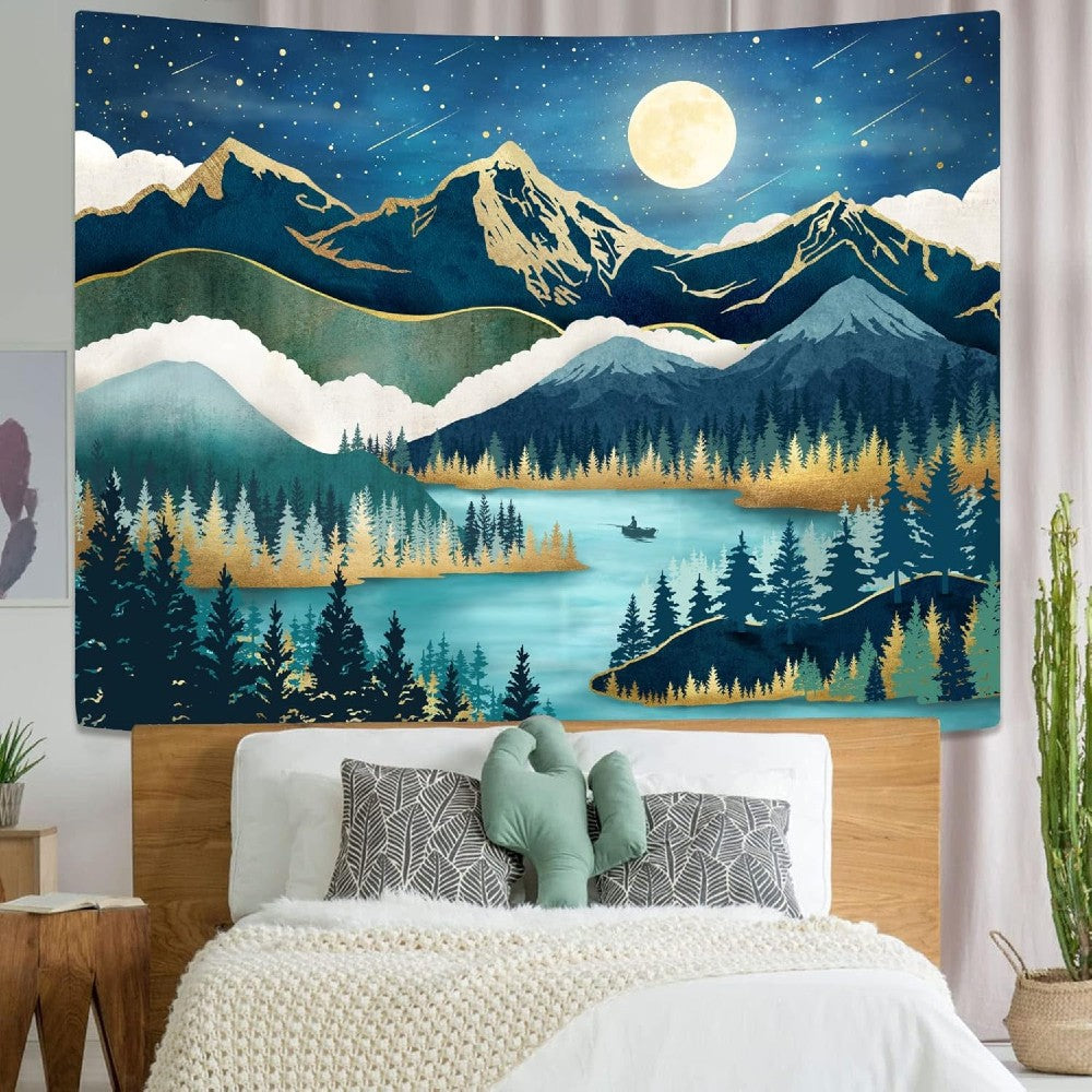 Moonlit Mountain Lake Tapestry Forest & Nature Wall Hanging for Bedroom Living Room Decor