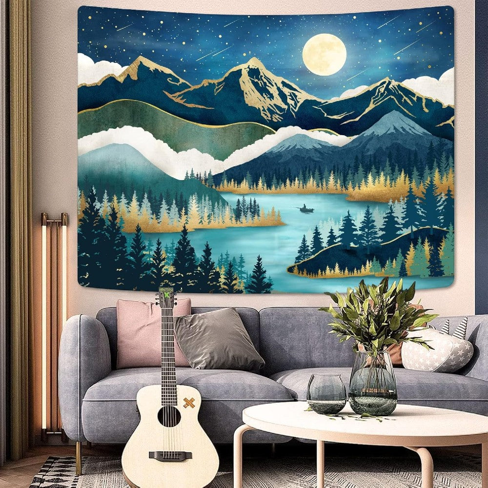 Moonlit Mountain Lake Tapestry Forest & Nature Wall Hanging for Bedroom Living Room Decor